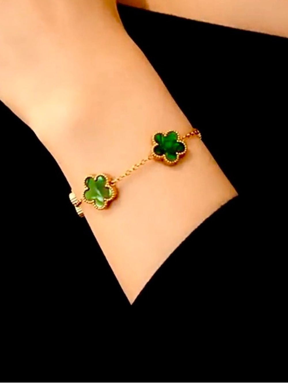 Gold Green Bracelet Flower Clover Shell Pearls Stainless Steel NWT